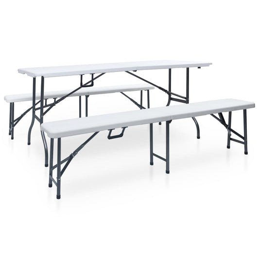 Tuintafel met 2 bankjes inklapbaar 180 cm staal en HDPE wit