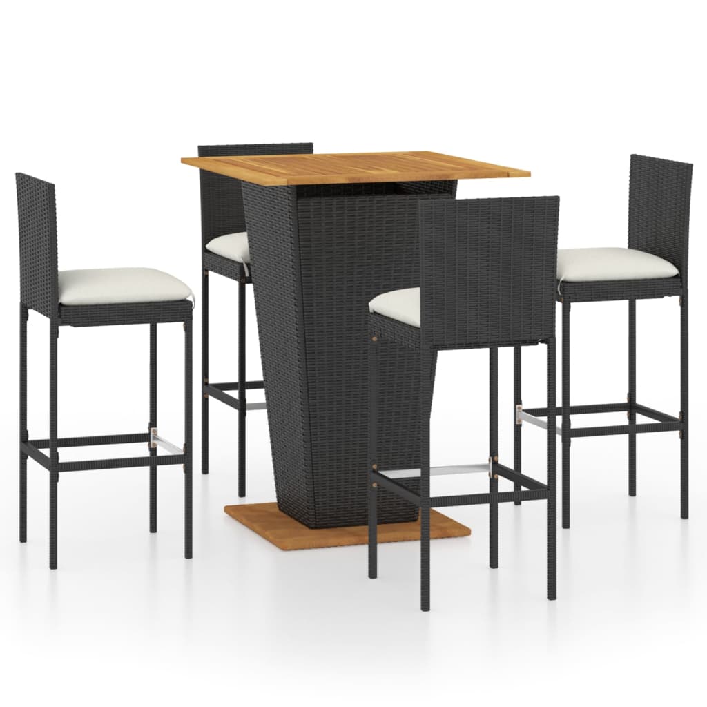 5-delige Tuinbarset met kussens poly rattan zwart