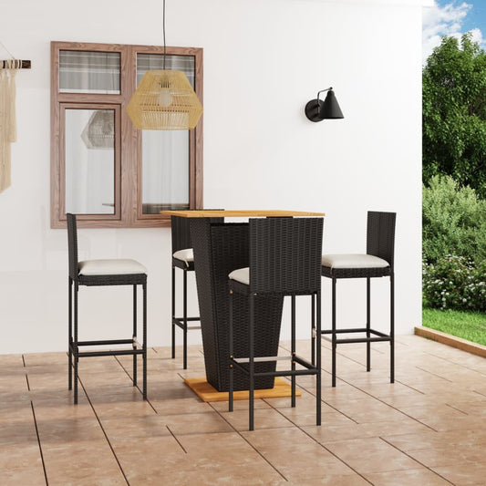 5-delige Tuinbarset met kussens poly rattan zwart