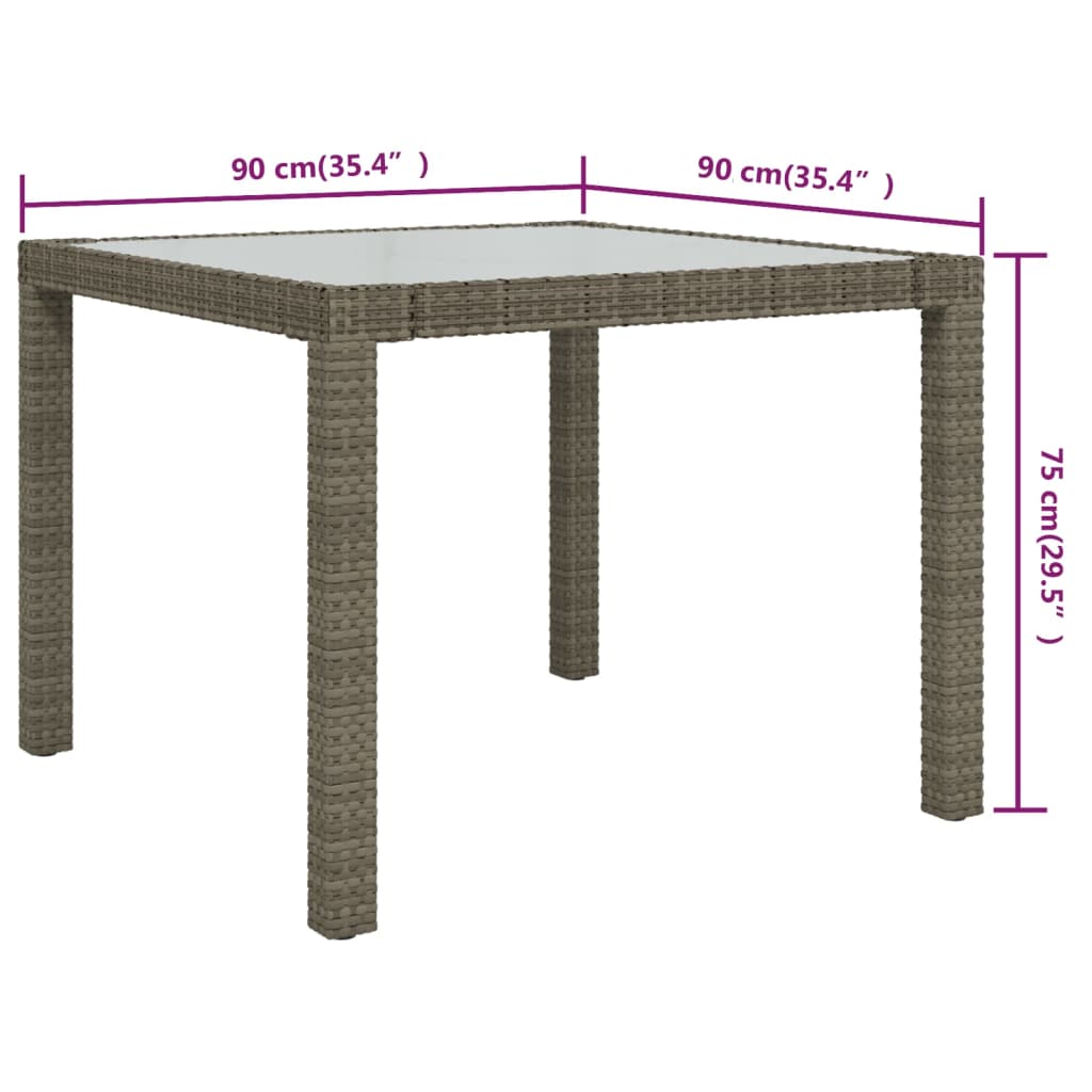 Tuintafel 90x90x75 cm gehard glas en poly rattan grijs