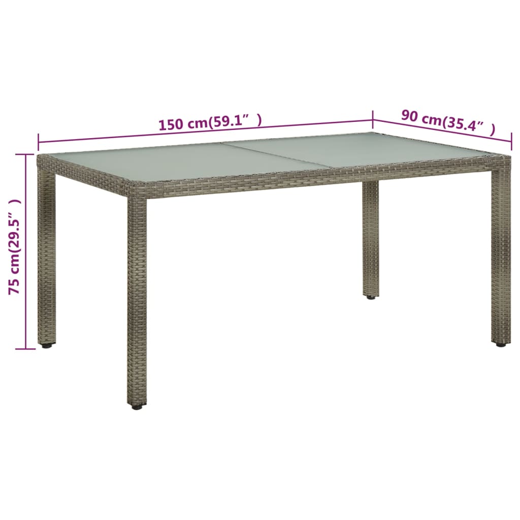 Tuintafel 150x90x75 cm gehard glas en poly rattan grijs