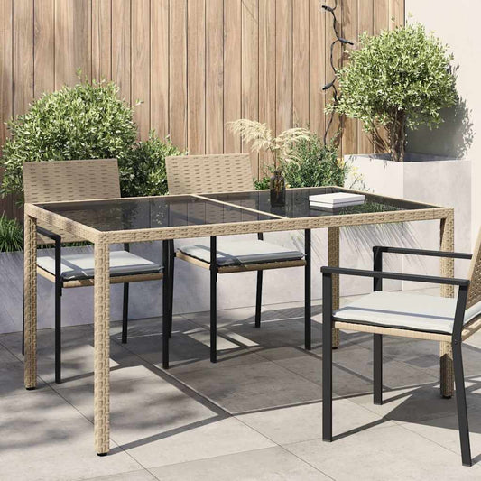 Tuintafel 150x90x75 cm gehard glas en poly rattan beige