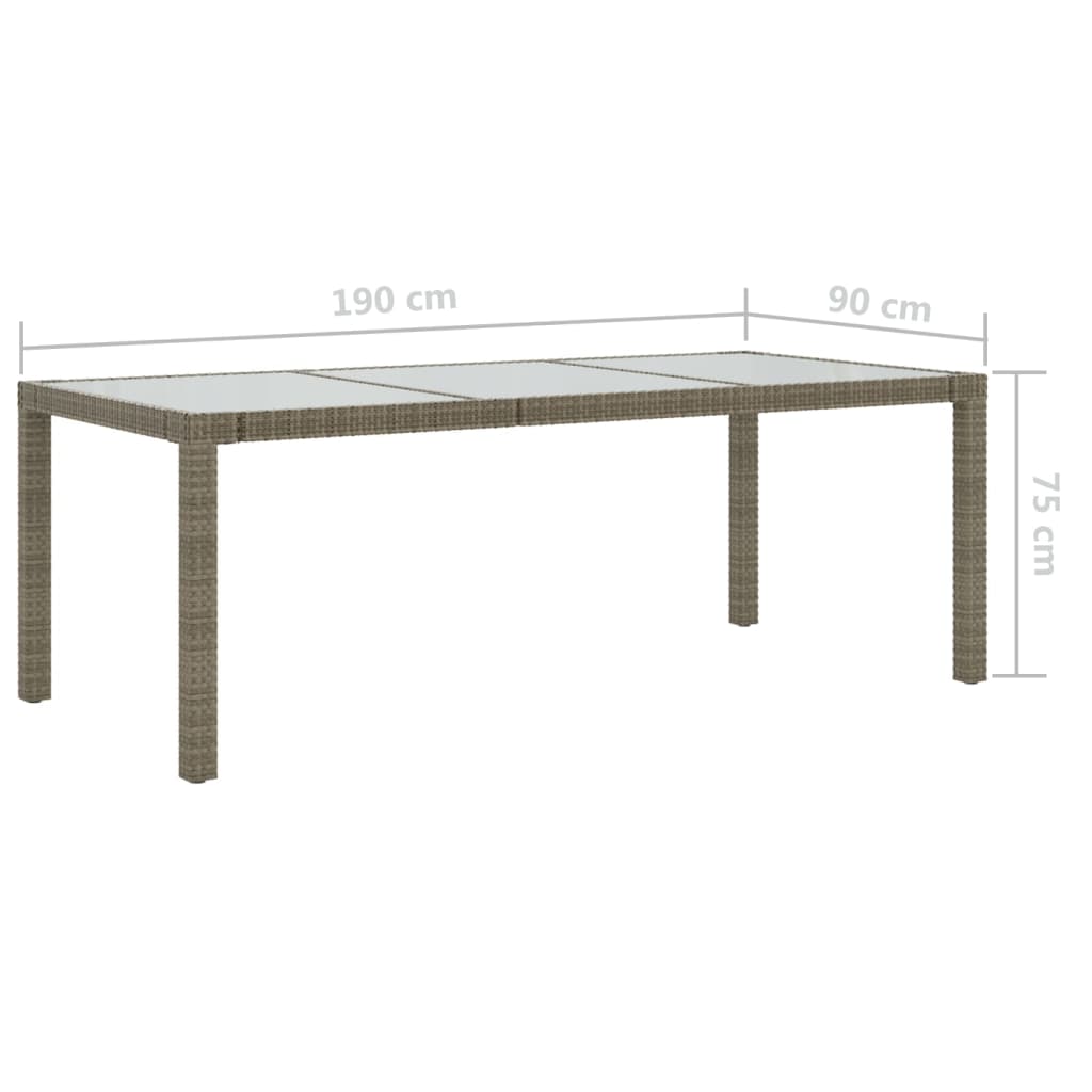 Tuintafel 190x90x75 cm gehard glas en poly rattan grijs