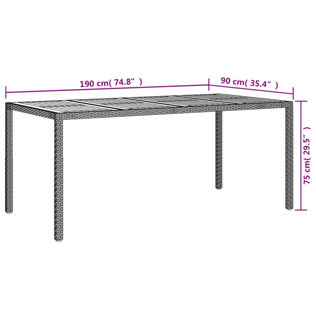 Tuintafel 190x90x75 cm poly rattan en acaciahout grijs