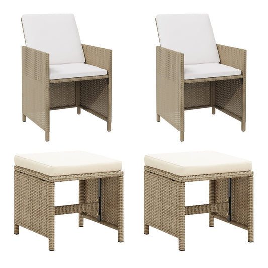 Tuinstoelen 2 st met voetenbanken poly rattan beige