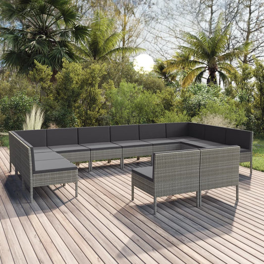12-delige Loungeset met kussens poly rattan grijs