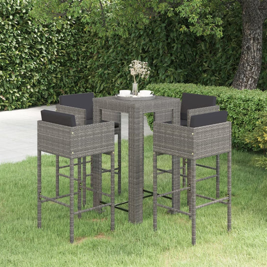 5-delige Tuinbarset met kussens poly rattan grijs