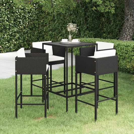 5-delige Tuinbarset met kussens poly rattan zwart