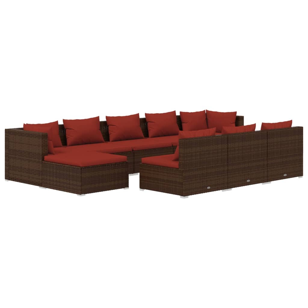 10-delige Loungeset met kussens poly rattan bruin