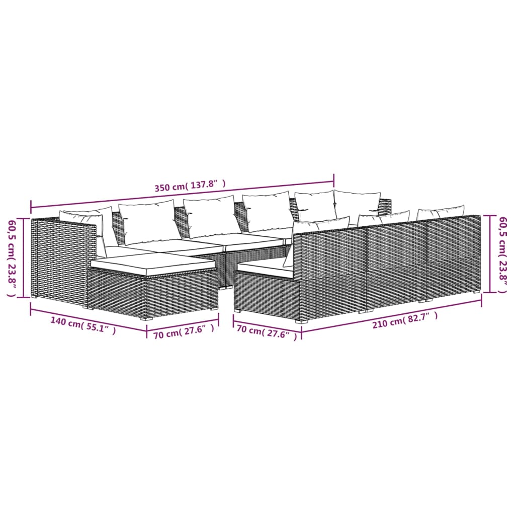 10-delige Loungeset met kussens poly rattan bruin