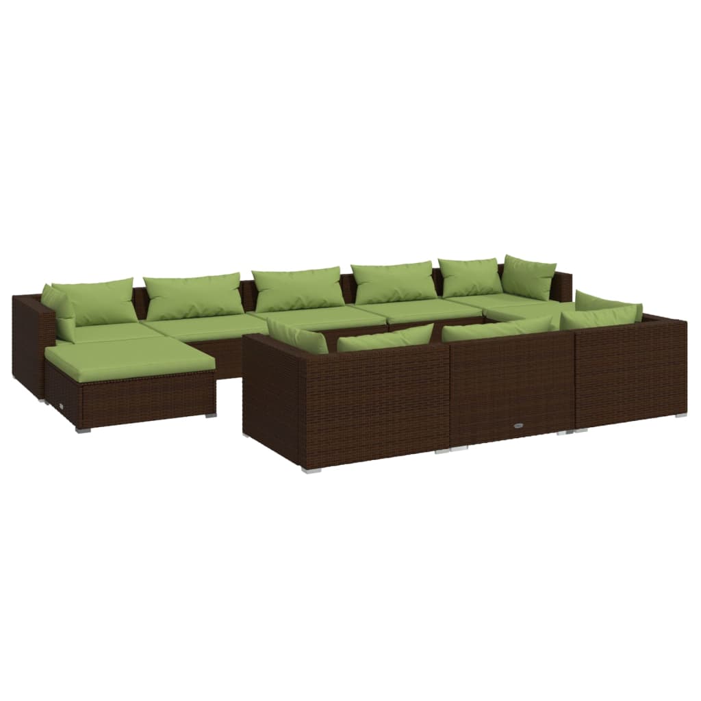 10-delige Loungeset met kussens poly rattan bruin