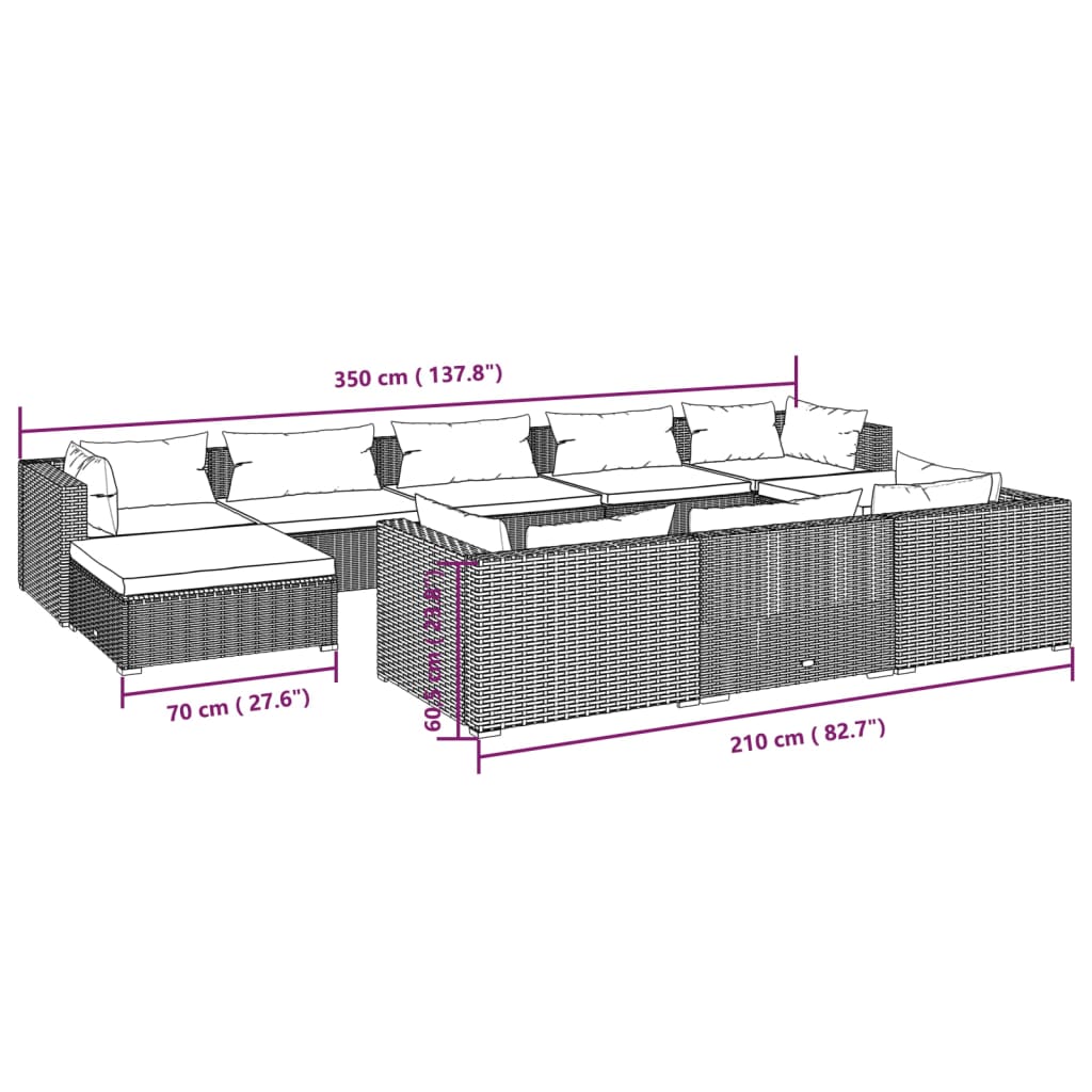 10-delige Loungeset met kussens poly rattan bruin