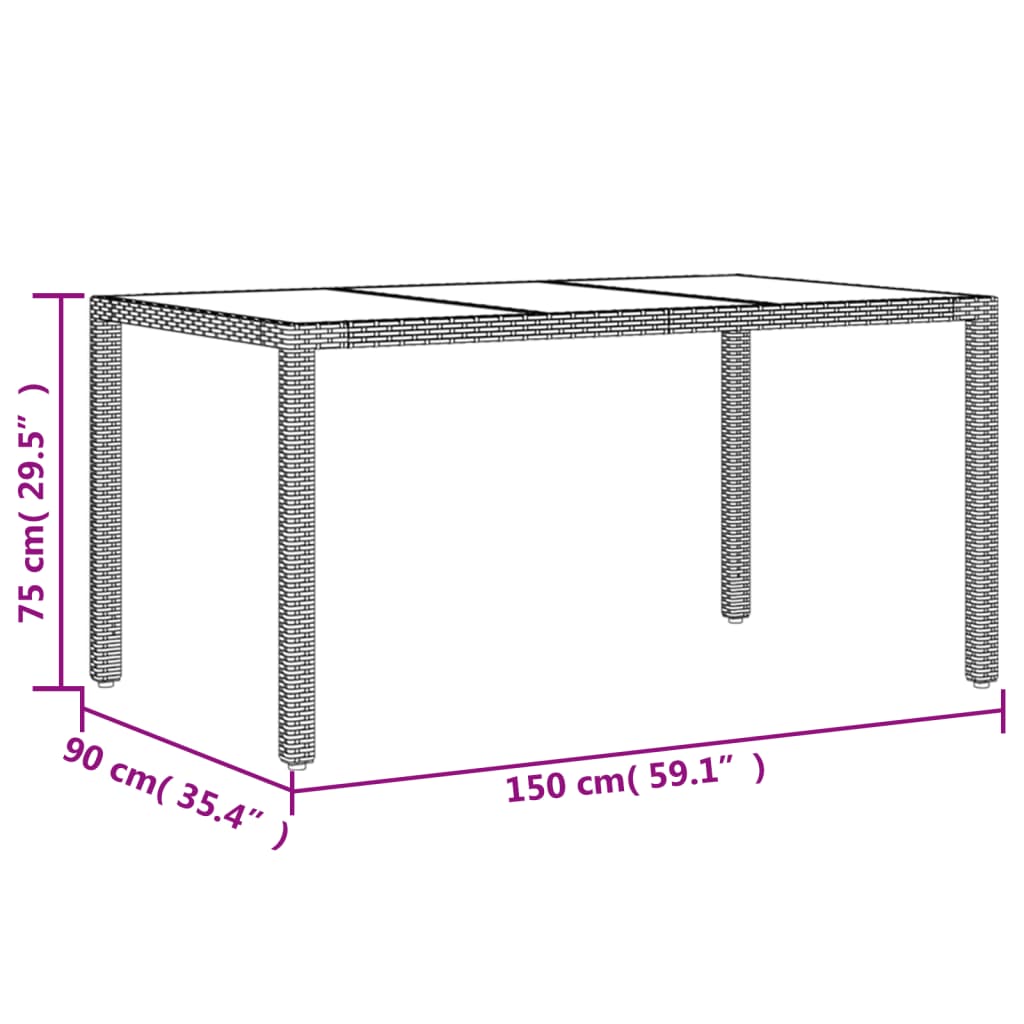 Tuintafel met glazen blad 150x90x75 cm poly rattan grijs