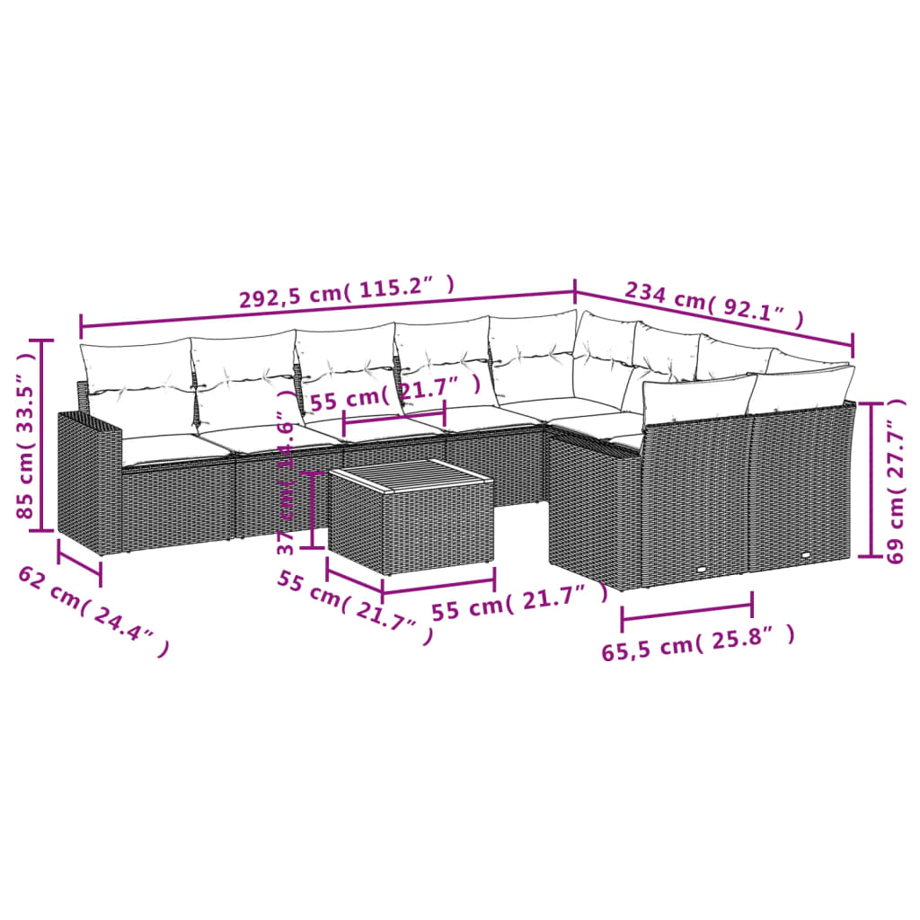 10-delige Loungeset met kussens poly rattan grijs