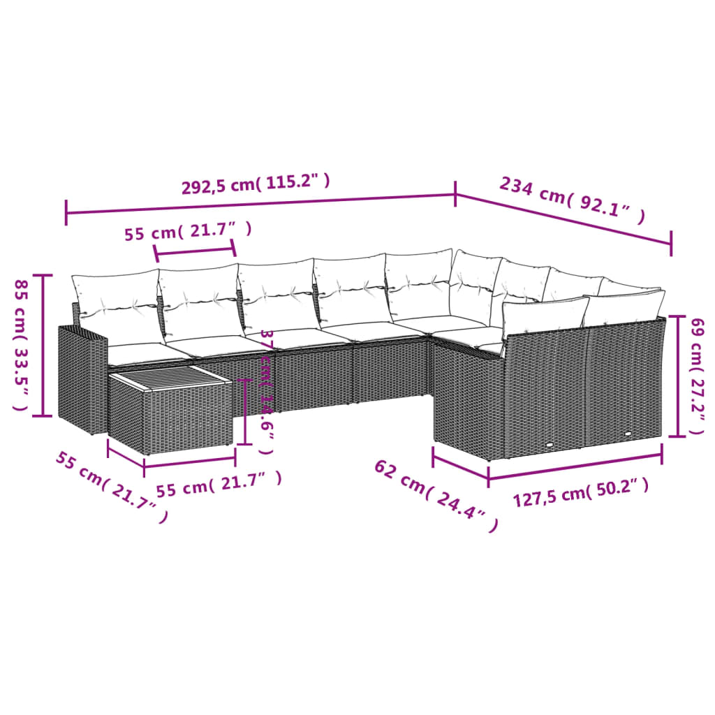 10-delige Loungeset met kussens poly rattan grijs