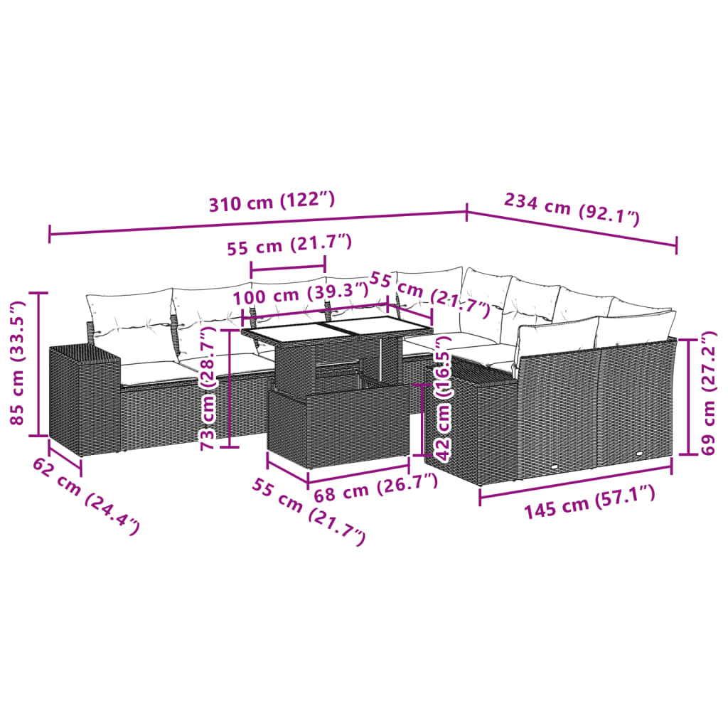 10-delige Loungeset met kussens poly rattan zwart