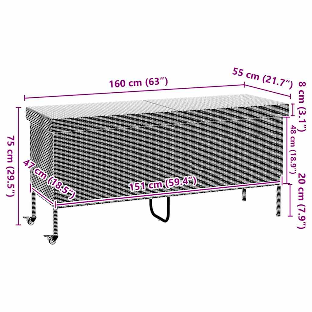 Tuinbox met wielen 160x55x75 cm poly rattan zwart